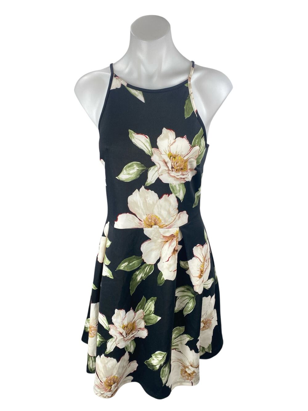 Monteau Black Floral Sleeveless High Neck Cami Fit & Flare Mini Dress Size L